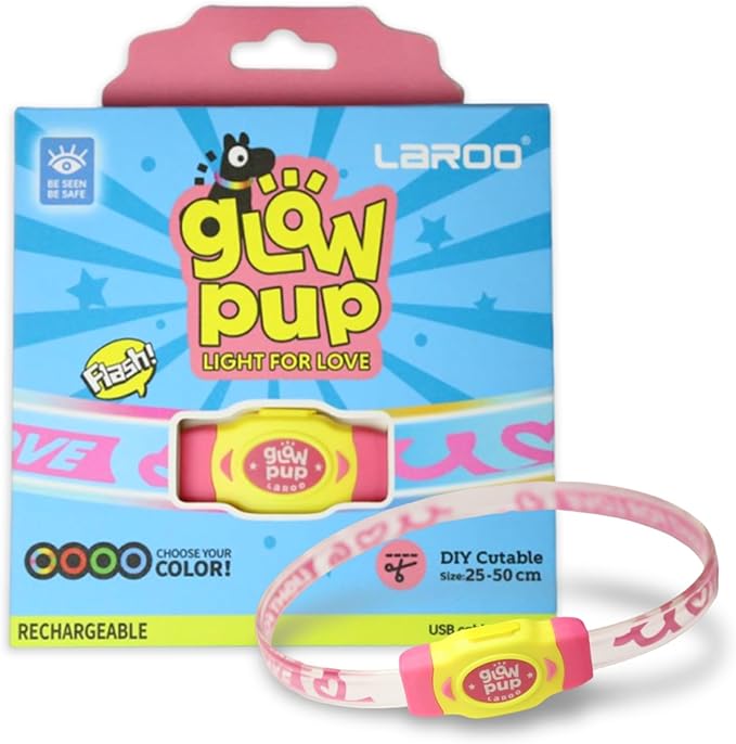 LaRoo LED Light Up Dog Collar, Multi-Color Glowing Safety Pet Collar, USB Rechargeable, Adjustable, Night Walk High Visibility Collar Safety Dog Light for Small Medium Dogs(Pink)