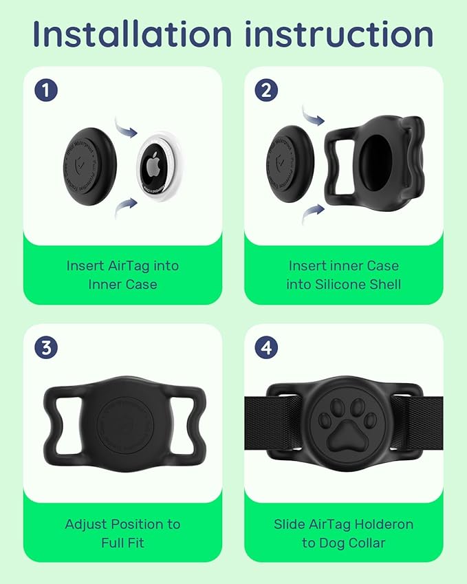 IP68 Waterpoof Dog Air tag Holder, Stretchy Silicone Full Body Covered Apple Air Tag Holder for Dog Cat Collar Fit All Width Collar (Black1, 1 Pack)