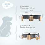 SPUNKYJUNKY 15° Slanted Ceramic Dog and Cat Bowl with Wooden Stand, Tilted Bulldog Food and Water Bowl No Slip Non-Spill for Cats Medium Dogs Big Face Pets 13.5 OZ (1.7 Cups, White-Grey × 2)