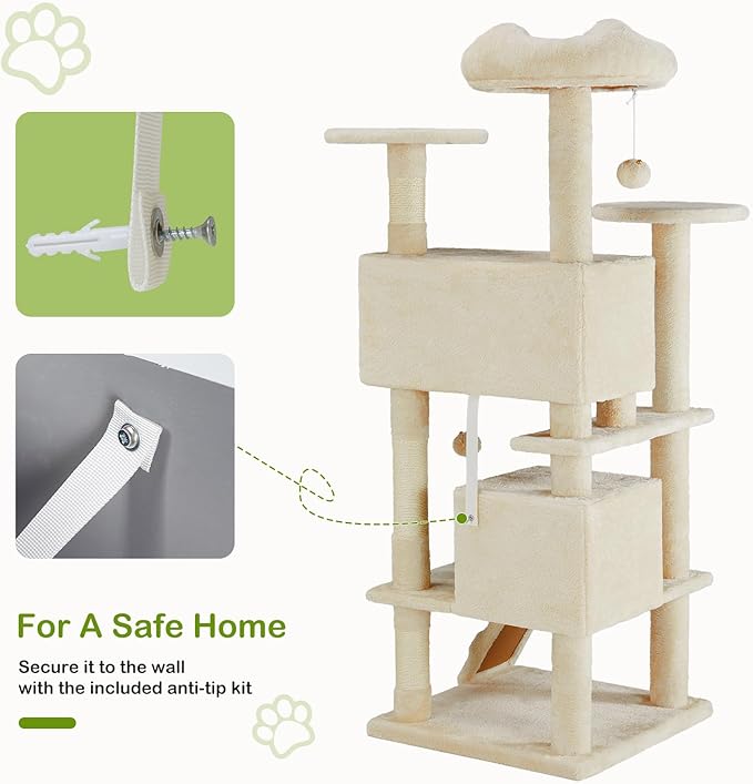 DUMOS 54-inch Indoor Cat Tree Tower –Multi-Level Pet House for Large Cats with 2 Condos, Scratching Posts, Round Platform, Small Ladder, and Toys, Beige