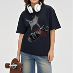 Y2k Graphic Unisex Tees Rock Guitar Cat T-Shirt Short Sleeve Oversized Tee Vintage Retro Grunge Streetwear Shirts