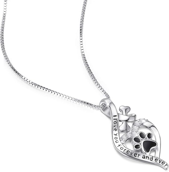 VANLAMS Womens 925 Sterling Silver Bone Love Heart Dog Paw Print Pendant Necklace I Love You Forever and Ever, Gifts for Dog Owner