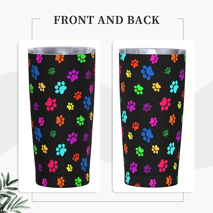 Dujiea 20oz Tumbler With Lid And Straw, Colorful Dog Cat Paw Print Vacuum Insulated Iced Coffee Mug Reusable Travel Cup Stainless Steel Water Bottle
