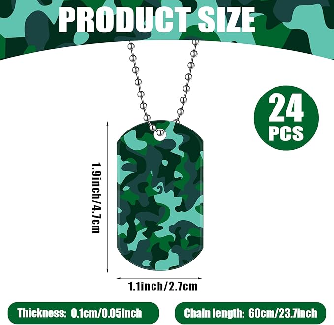 Saintrygo 48 Pcs Camouflage Dog Tags Military Acrylic Army Dog Tags Party Favors Camo Party Favors Include 24 Camo Necklaces with 24 Beaded Chains for Kids Men Women(Green)