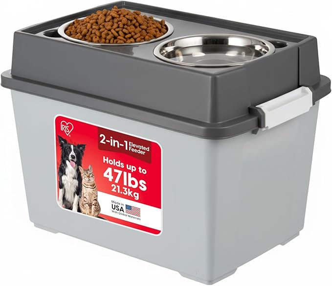IRIS USA Elevated Dog Bowls, 15" H Raised Bowl for Large Dogs, Airtight Pet Food Storage Holds Up to 47 Lbs, 2 Removable 64 oz Stainless Steel Bowls, at Home or Camping, Dark Gray