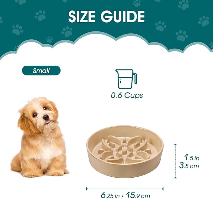 vancasso Ceramic Slow Feeder Dog Bowls, Puzzle Dog Food Bowls with Floral Maze, Anti -Slip Pet Food Dish for Small Breed, 0.6 Cups, Brown