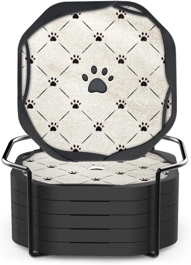 UMIRRO Cute Absorbent Drink Coasters, Hollow-Carved Dog Paw Themed, Cat Decor for Animal Lovers, Small Unique Birthday Gift Ideas for Men, Dad, Him, Women Mom, Her, 4", Checkered, Black, Set of 6