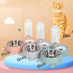 Dog Bowls, Puppy Cat Food and Water Bowl Set with Water Dispenser and Stainless Steel Bowl Detachable Gravity Pet Feeder and Waterer Set for Cats Dogs Puppy Rabbit (Grey)
