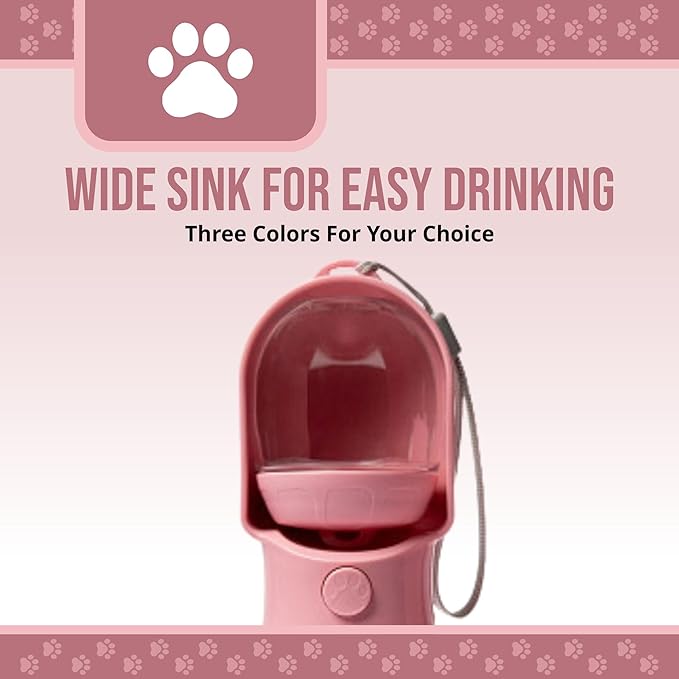 Leak Proof Portable Dog Water Bottle with Bowl – Travel Pet Water Dispenser for Walking & Hiking – Food Grade Plastic – Choose from 3 Colors (Pink, 320 ml)