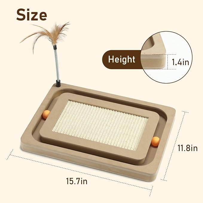 PEEKAB Cat Scratcher,Sisal Scratching Board with Track Ball Interactive Toy and Swing Feather Toys for Indoor Cats and Kittens,Large Heavy Durable