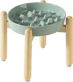 8.2inch Ceramic Dog Raised Slow Feeder Set, Elevated Bowl with Wooden Stand for Large and Medium Dog, Slow Feeder Dish for Fast Easters, Stop Bloat(Light Green, Single Bowl+ Stand)