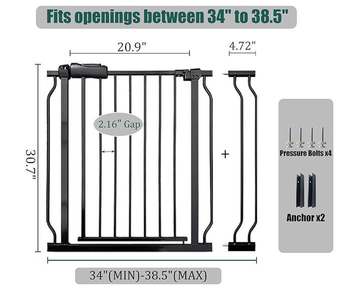 34-38.5 Inch Walk Through Baby & Dog Gate, No Drill Pressure Mounted, Expandable Safety Gate for Kitchen & Living Room, Black Metal with Extension Kit