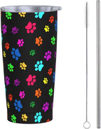 Dujiea 20oz Tumbler With Lid And Straw, Colorful Dog Cat Paw Print Vacuum Insulated Iced Coffee Mug Reusable Travel Cup Stainless Steel Water Bottle
