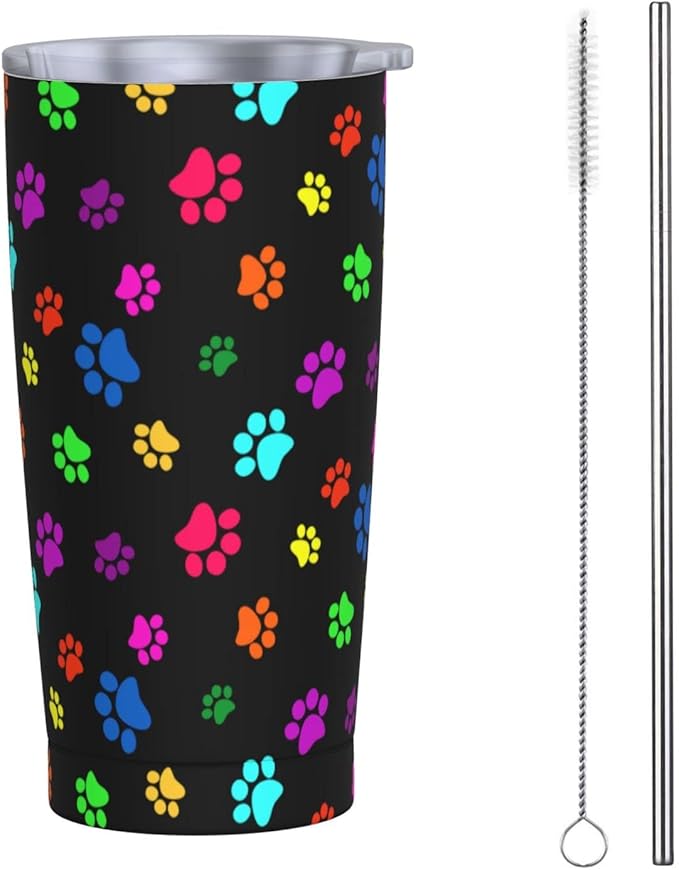 Dujiea 20oz Tumbler With Lid And Straw, Colorful Dog Cat Paw Print Vacuum Insulated Iced Coffee Mug Reusable Travel Cup Stainless Steel Water Bottle
