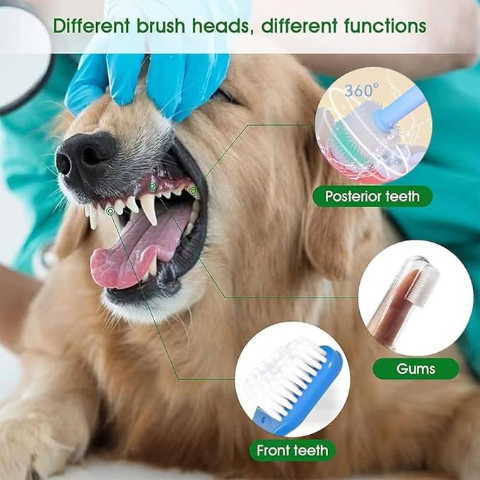 Triple Head & Double Head Dog Toothbrush Set, Finger Rubber Toothbrush, Multi-Angle Dental Cleaning Brushes for Cat Oral Health