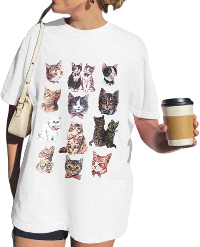 Oversized Cat Shirt Cute Graphic Tees for Women Y2k Funny Tshirts Baggy Aesthetic Shirts Cat Lover Gifts Kawaii Tops
