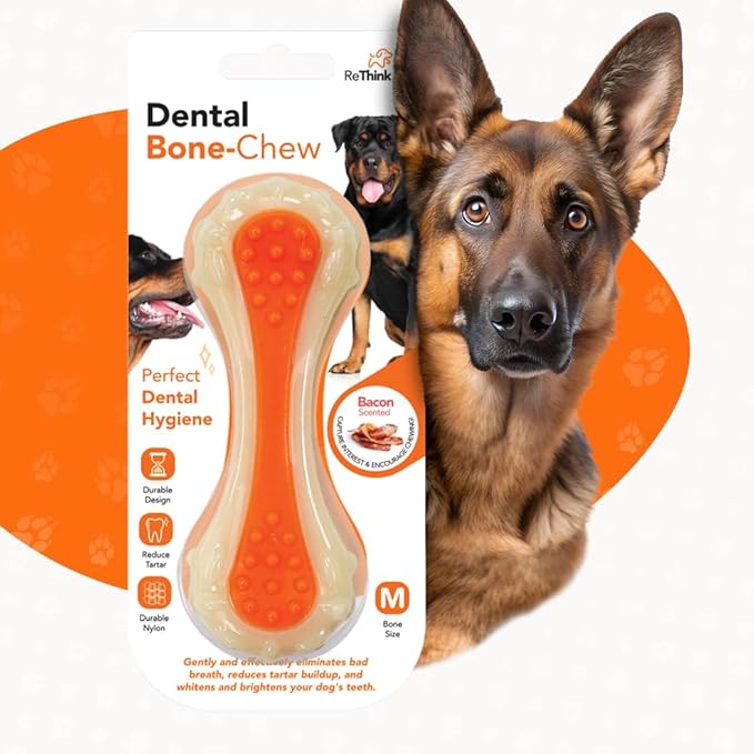 Dental Bone Chew Pet Toy Medium, Bacon-Scented Durable Dog Toys for Aggressive Chewers, Orange