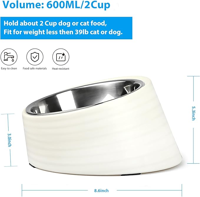 Tilted Angle Dog Bowl, 15° Slanted Stainless Steel Dog Cat Food Bowl, Non-Slip & Non-Spill Pet Feeder with Elevated Detachable Melamine Stand, Easy to Get Food Dish, Large 2 Cup White