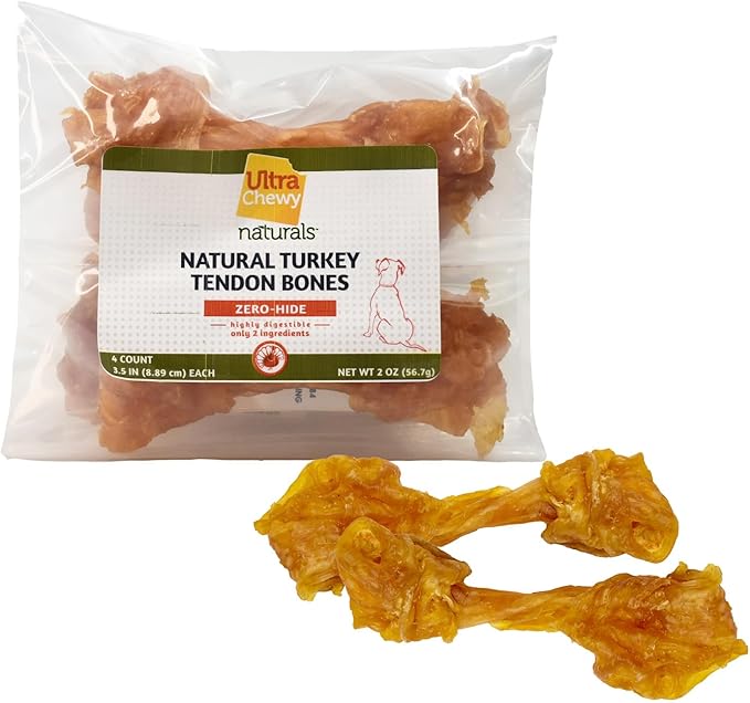 Ultra Chewy Turkey Tendon Knotted Bones for Dogs - Premium All-Natural, Hypoallergenic, Long-Lasting Dog Chew Treat, Easy to Digest - Ingredient Sourced from USA (3.5 Inch - 4 Pack)