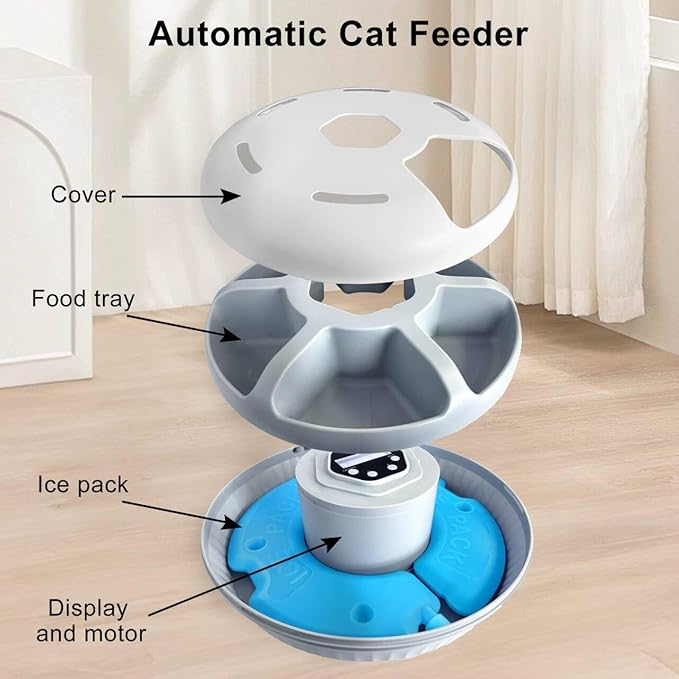 Automatic Cat Feeder Wet&Dry Food, 6 Meal Timed Pet Dispenser Easily Programmable &Easy to Clean,with 2 Ice Packs Auto Feeder for Cats/Small Dogs