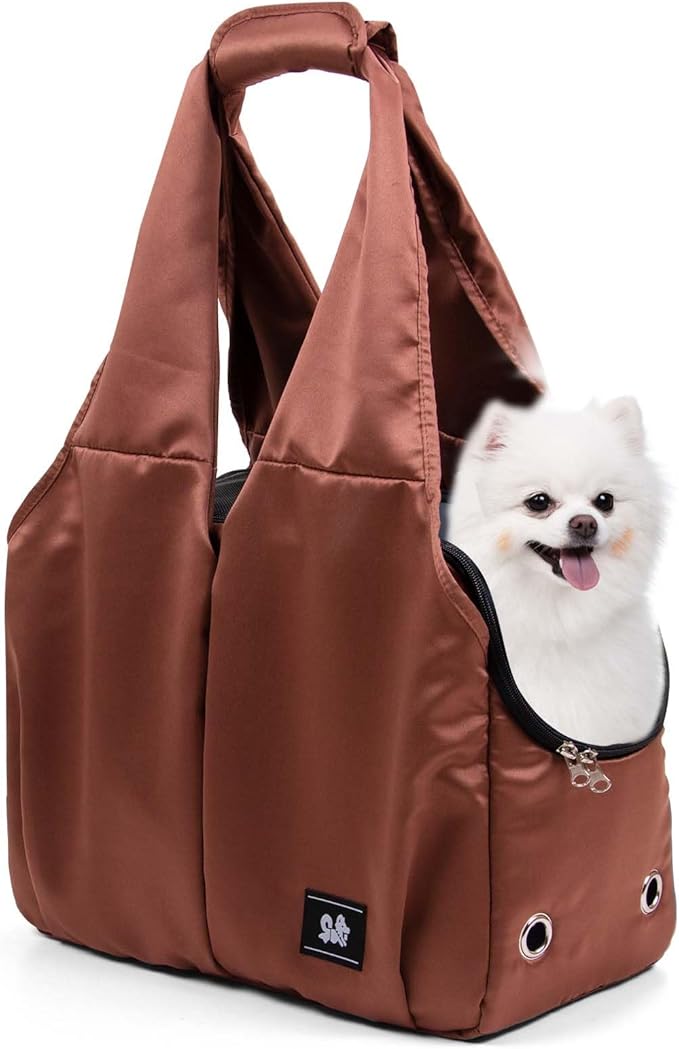 Dog Purse Carrier for Small Dogs, Cats, and Puppies – Soft-Sided Travel Pet Tote Bag with 4 Large Pockets, Foldable, Lightweight, Fits Pets up to 15 lbs, for Travel, Vet, Outings (Brown)