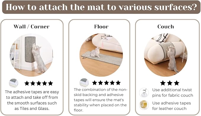 Boho Sisal Cat Scratcher Mat with Adhesive Strips (Scratch Protector for Carpet, Sofa, Wall, Corner Furniture), Durable and Shedding-Resistant Cat Scratching Surface (13x21.7 inch, Fishbone)