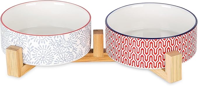 Selamica Ceramic 14 oz Dog Bowls - Anti-Slip Pet Dishes Set with Wooden Stand for Cats & Small Dogs, Weighted, Assorted Colors, Food & Water Dishes