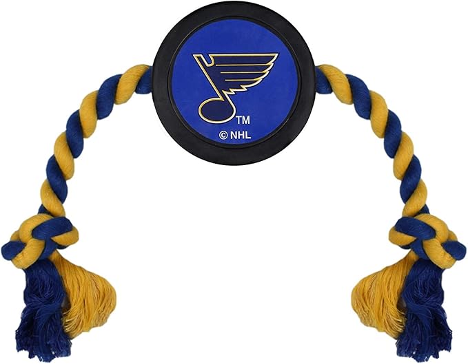 First Dog Rubber & Rope Tug Toy. St. Louis Blues NHL Puck Toy for Dogs & Cats. Play Hockey with Your Pet!