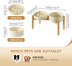 Ceramic Raised Slow Feeder Dog Bowl Set, Elevated 7.3inch Bowl and 8.2inch Slow Pet Food Dish with Wooden Stand for Medium and Large Dog (2 x Beige+ Stand)