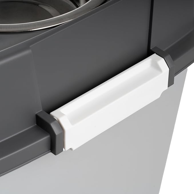 IRIS USA Elevated Dog Bowls, 15" H Raised Bowl for Large Dogs, Airtight Pet Food Storage Holds Up to 47 Lbs, 2 Removable 64 oz Stainless Steel Bowls, at Home or Camping, Dark Gray