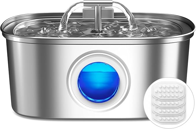 Cat Water Fountain Stainless Steel: 108oz/3.2L Cat Fountain for Drinking with Filter - Pet Water Fountains for Cats Inside - Automatic Cat Feeding & Watering Supplies - Water Level Window