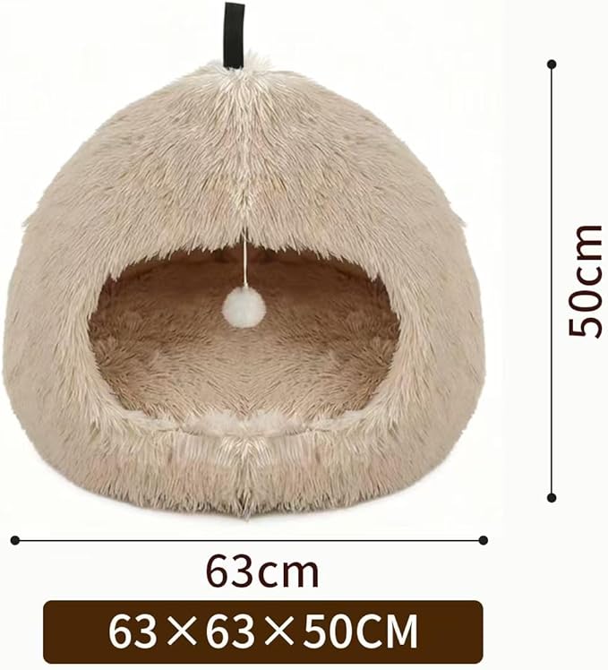 Hezotco Extra Large 24.8 in Cat Bed for Indoor Cats, Soft Fluff Indoor Dog House &Cat Cave for Small Dogs. Pet House for Puppy with Cat Teasing Ball (Light Brown)