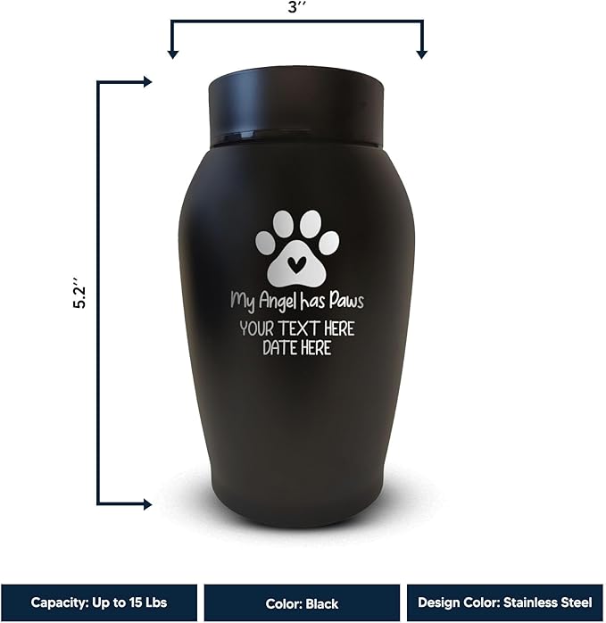 Personalized Custom Small Keepsake Urn Engraved with Pet Name, Date and Cat Design - 5.2" Black Powder Coated Steel Cremation Urn for Cat Ashes - Airtight Closure | 12-16 lb Capacity, Cat Paw + Heart