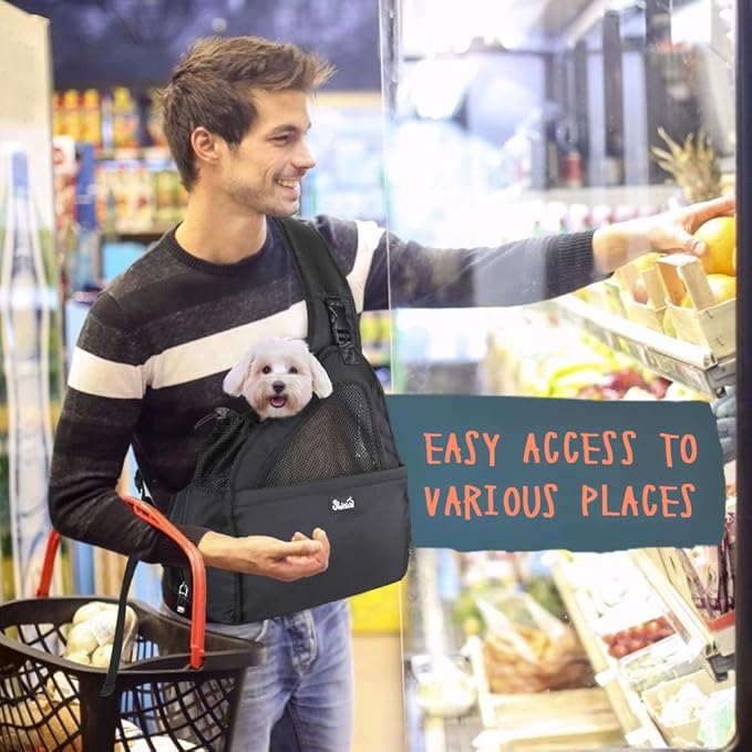 SlowTon Pet Dog Sling Carrier, Hands Free Hard Bottom Papoose Small Animal Puppy Up to 6 lbs Travel Bag Tote Breathable Mesh Support Adjustable Padded Strap Pocket Safety Belt Machine Washable