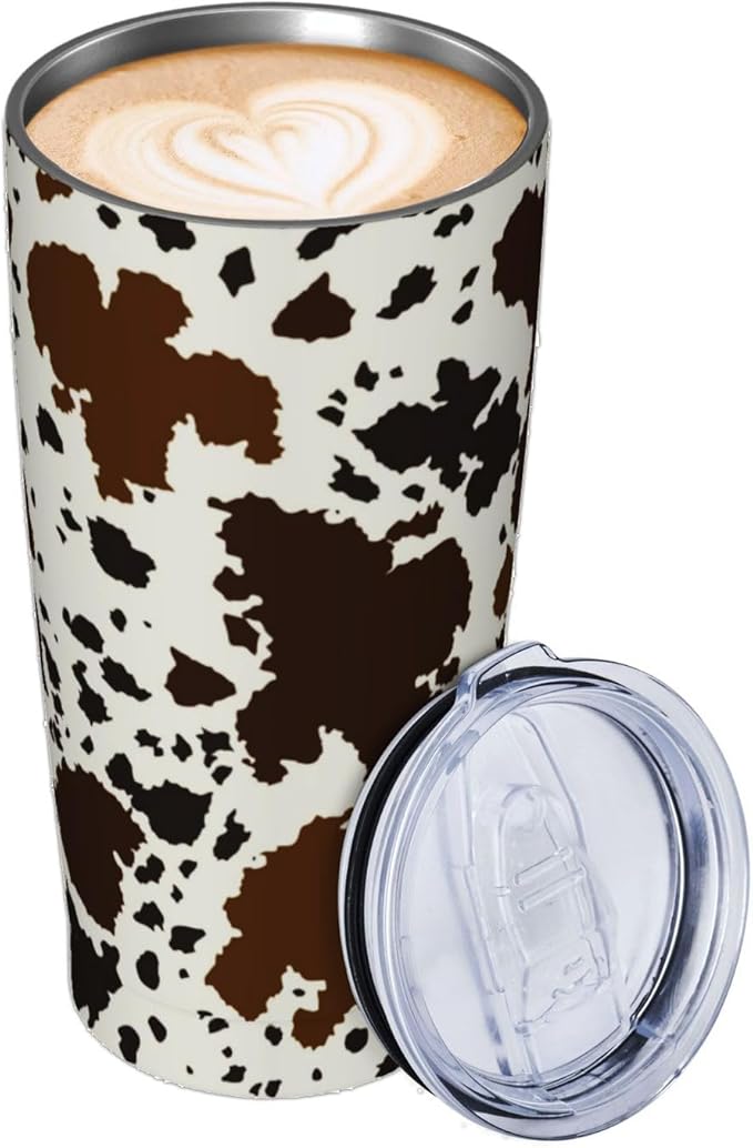 Western Cow Print Tumbler with Lid and Straw, 20 Oz Stainless Steel Insulated Brown Cow Water Bottle Cup Coffee Mug