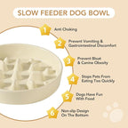 Ceramic Raised Slow Feeder Dog Bowl Set, Elevated 7.3inch Bowl and 8.2inch Slow Pet Food Dish with Wooden Stand for Medium and Large Dog (2 x Beige+ Stand)