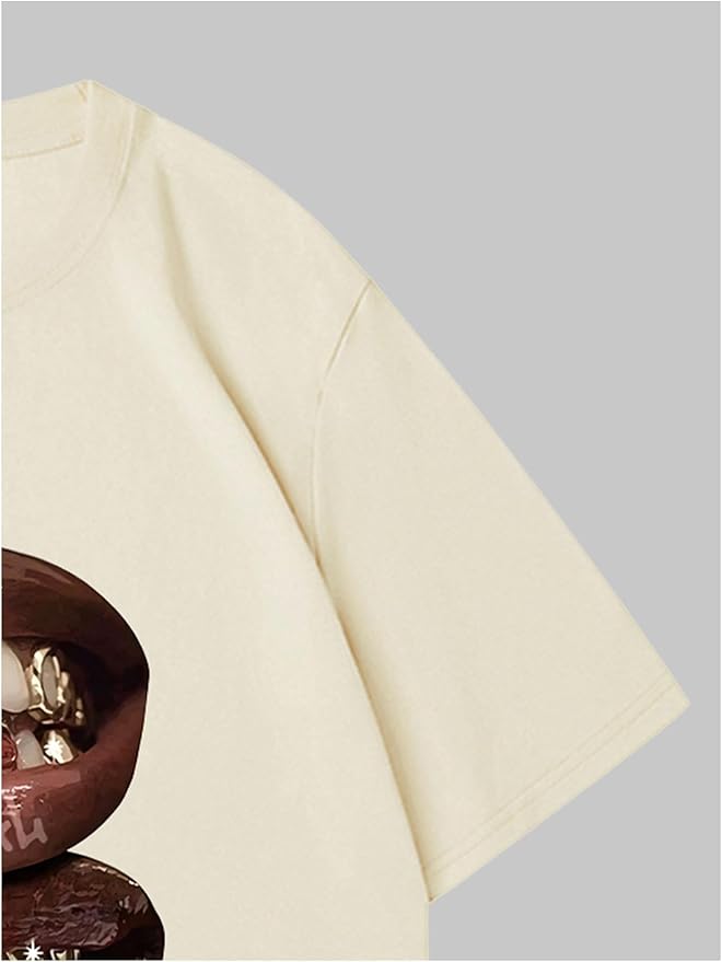 Verdusa Women's Lips Print Graphic Tees Y2k T Shirts Summer Crew Neck Vintage Going Out Tops