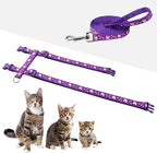 Cat Harness and Leash Set Gold Moons Soft Nylon Escape Proof Adjustable for Kittens Small Animals Glow in The Dark(Purple)