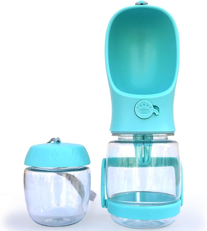 Dog Water Bottle with Food Container Holder, Travel Puppy Drinking Bowl, Portable Pet Water Dispenser, Patented Design, Food Grade Plastic 12 oz Water Bottle+100g Snack cans
