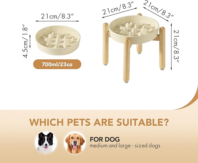 8.2inch Ceramic Dog Raised Slow Feeder Set, Elevated Bowl with Wooden Stand for Large and Medium Dog, Slow Feeder Dish for Fast Easters, Anti-Gulping(Beige, Single Bowl+ Stand)