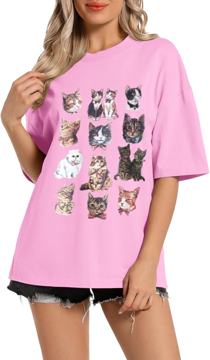 Oversized Cat Shirt Cute Graphic Tees for Women Y2k Funny Tshirts Baggy Aesthetic Shirts Cat Lover Gifts Kawaii Tops