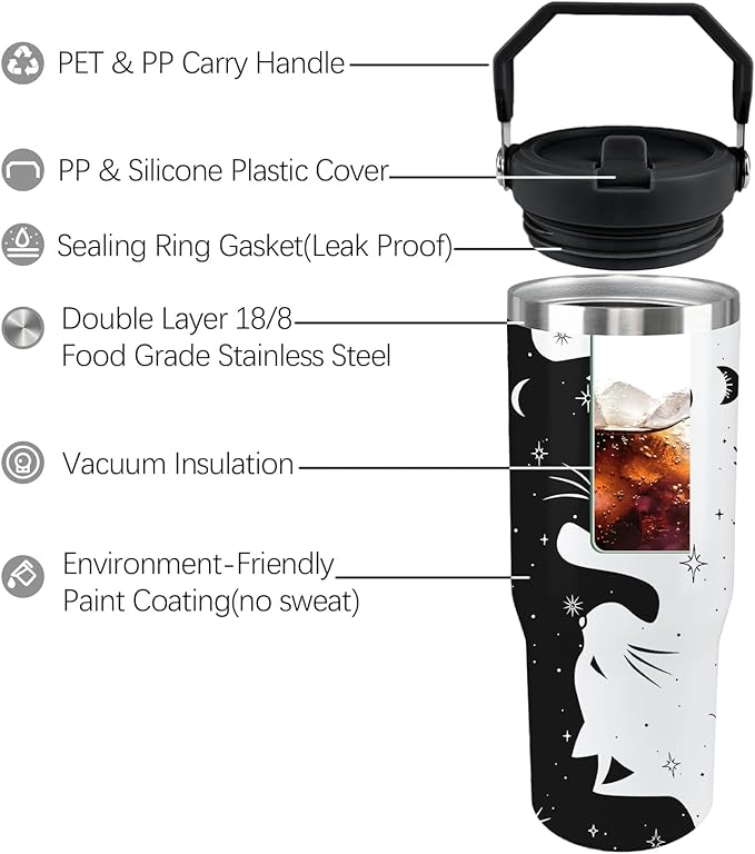 Cat Tumbler with Lid and Straw 30oz Stainless Steel Cute Water Bottle Cup Funny Cat Gifts for Women