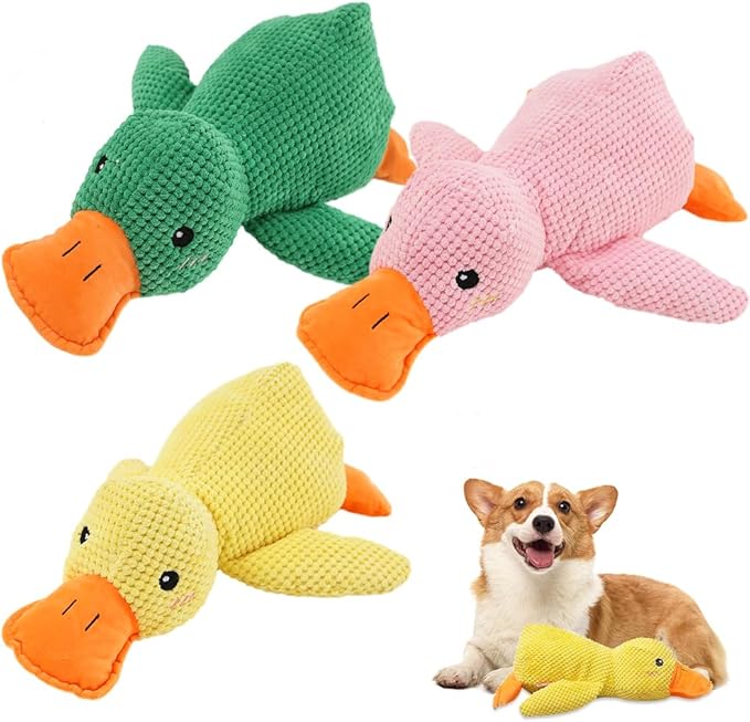 Quack-Quack Duck Dog Toy,Durable Plush Chew Toy with Sounds,Stuffed Plush Calming Duck Dog Toy for Indoor Puppies and Senior Pups (Yellow+Pink+Green, Large)