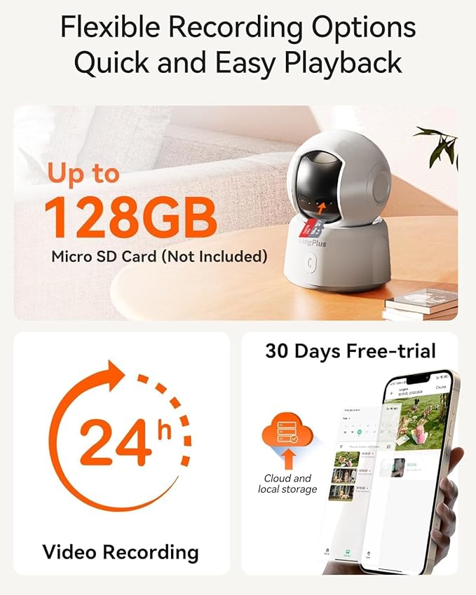 LongPlus 2K Pet Camera with Phone App, 2.4/5GHz WiFi Pan/Tilt Indoor Camera for Home, Cat Cam with Night Vision, 2-Way Audio, Motion Detection, Auto Tracking, Works with Alexa