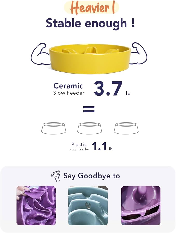 LE TAUCI Slow Feeder Dog Bowls Ceramic,3 Cups Slow Feeding Dog Bowl Medium Large Breed, Pet Bowl for Fast Eaters, Puzzle Pet Dishes, Star Yellow