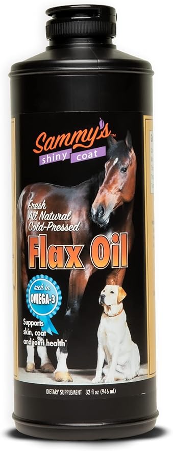 Sammy’s™ Shiny Coat Flaxseed Oil - 100% Pure, Natural Flax Oil, Cold-Pressed, Excellent Source of Omega-3 for Your Furry Friend, for Healthier Skin and Coat of Your Dogs, Cats, Other Pets - 32 Oz