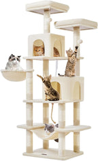 Taoqimiao Cat Tree, 71.7-Inch Cat Tower for Indoor Cats, Plush Multi-Level Cat Condo with 13 Scratching Posts, 2 Perches, 2 Caves, Hammock, 2 Pompoms,Beige MS013LM