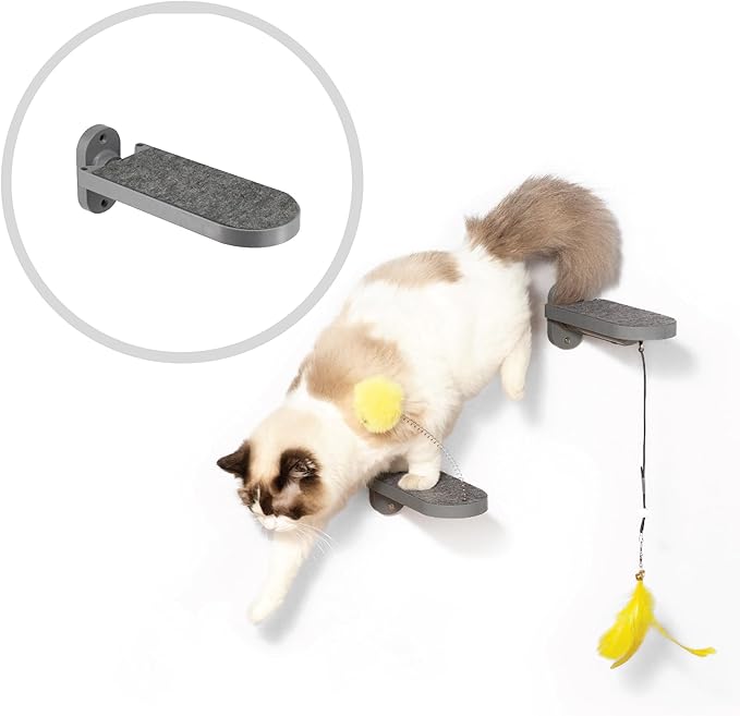 SVD.PET (2-Pack) Cat Wall Steps, Cat Climbing Stairs with Replaceable Felt Pad, Cat Climbing Shelves for Wall Mounted with Cat Toy, Cat Wall Furniture (Dark Grey)