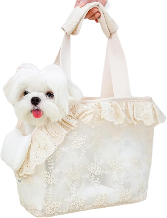 Dog Carrier for Small Dogs Rabbit cat with Lace Design, Cotton Bag, Dog Carrier Soft Sided, Collapsible Travel Puppy Carrier (Beige, 13" L x 6.7" W x 10.6" H)