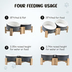 SPUNKYJUNKY 15° Slanted Ceramic Dog and Cat Bowl with Wooden Stand, Tilted Bulldog Food and Water Bowl No Slip Non-Spill for Cats Medium Dogs Big Face Pets 13.5 OZ (1.7 Cups, White-Grey × 2)
